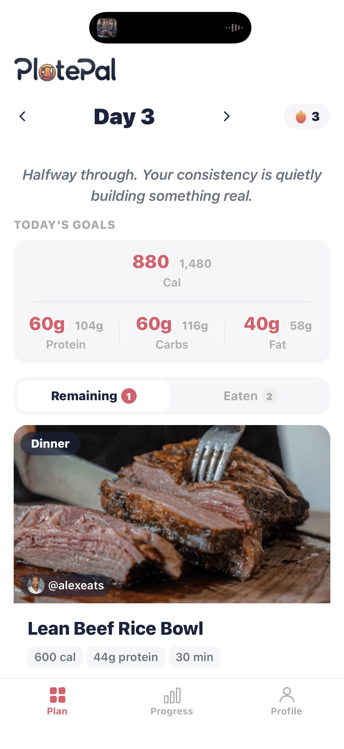PlatePal meal plan screen